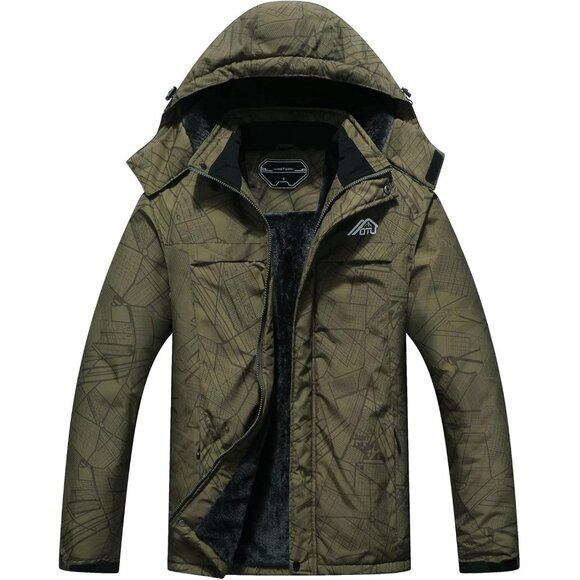 Men's Waterproof Ski Jacket Snowboarding Windbreaker Army Green City
